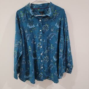 Talbots Womens Button Up Size 3X Petite‎ Blue Paisley Floral